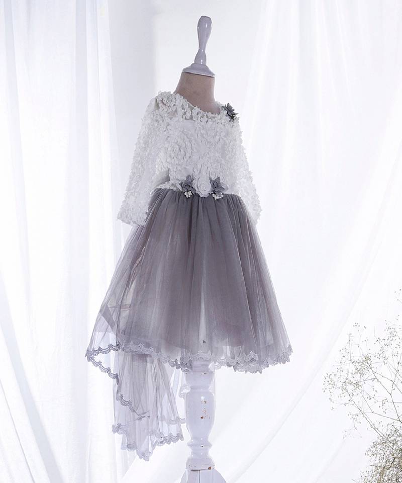 Mini stitch grey solid net corsage applique bottom lace detailed frock