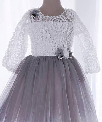 Mini stitch grey solid net corsage applique bottom lace detailed frock 3