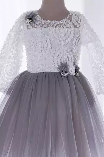 Mini stitch grey solid net corsage applique bottom lace detailed frock