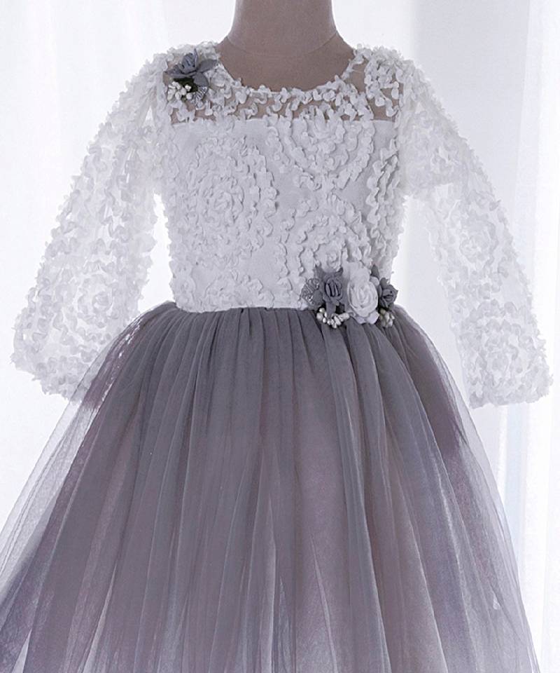 Mini stitch grey solid net corsage applique bottom lace detailed frock