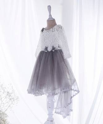 Mini stitch grey solid net corsage applique bottom lace detailed frock 4