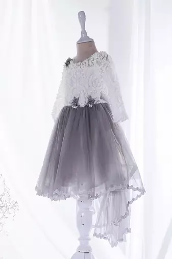 Mini stitch grey solid net corsage applique bottom lace detailed frock