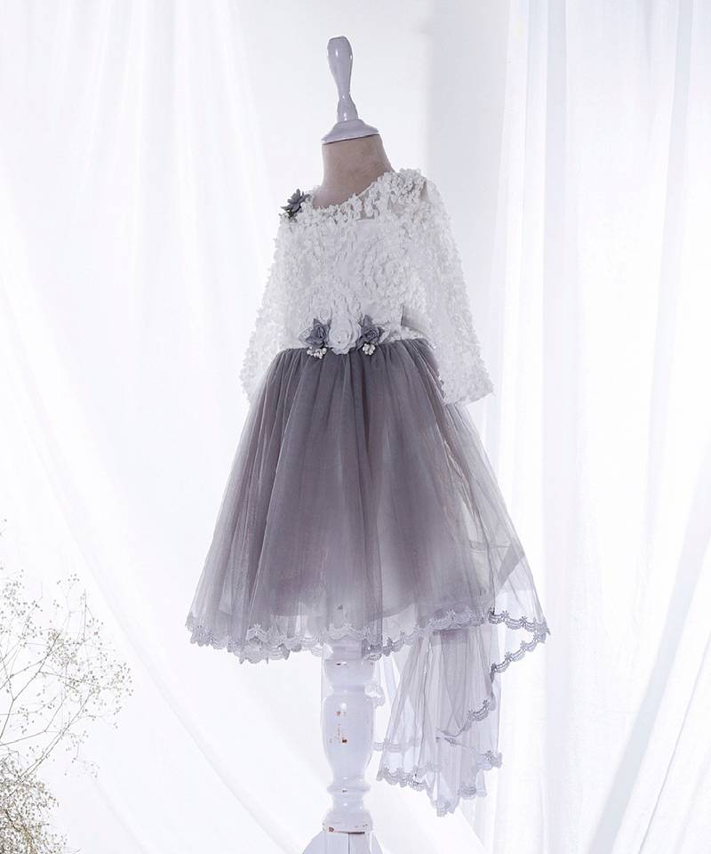 Mini stitch grey solid net corsage applique bottom lace detailed frock