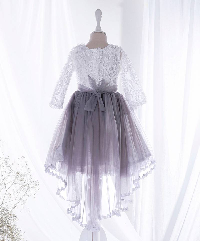 Mini stitch grey solid net corsage applique bottom lace detailed frock