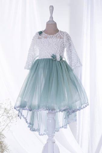 Mini stitch green solid net corsage applique bottom lace detailed frock