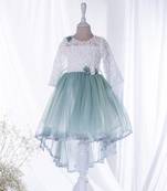 Mini stitch green solid net corsage applique bottom lace detailed frock