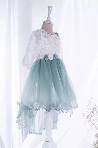 Mini stitch green solid net corsage applique bottom lace detailed frock