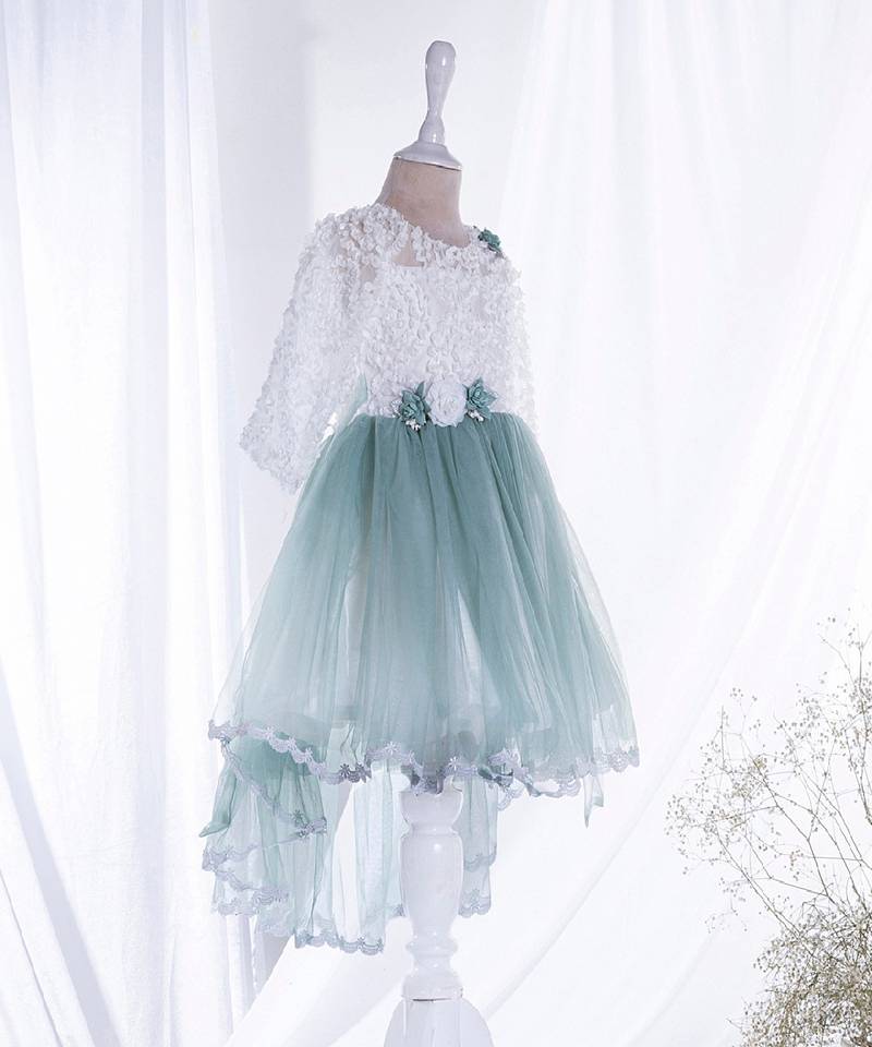 Mini stitch green solid net corsage applique bottom lace detailed frock