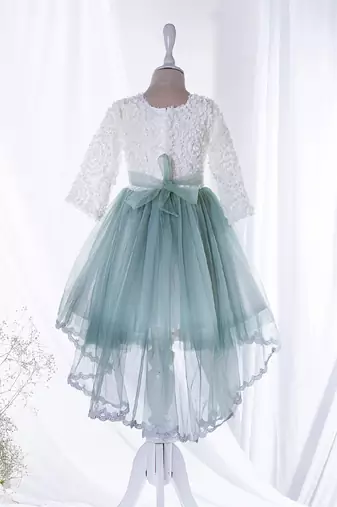 Mini stitch green solid net corsage applique bottom lace detailed frock