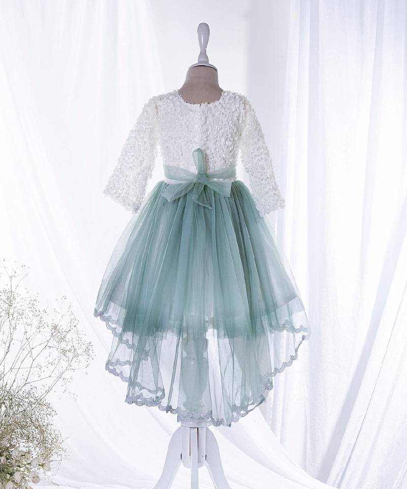 Mini stitch green solid net corsage applique bottom lace detailed frock