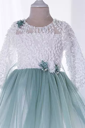 Mini stitch green solid net corsage applique bottom lace detailed frock