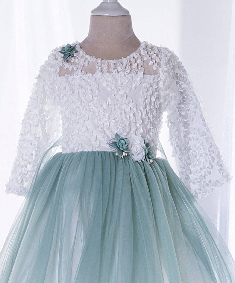 Mini stitch green solid net corsage applique bottom lace detailed frock