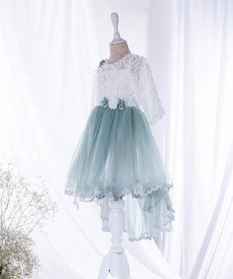 Mini stitch green solid net corsage applique bottom lace detailed frock 5