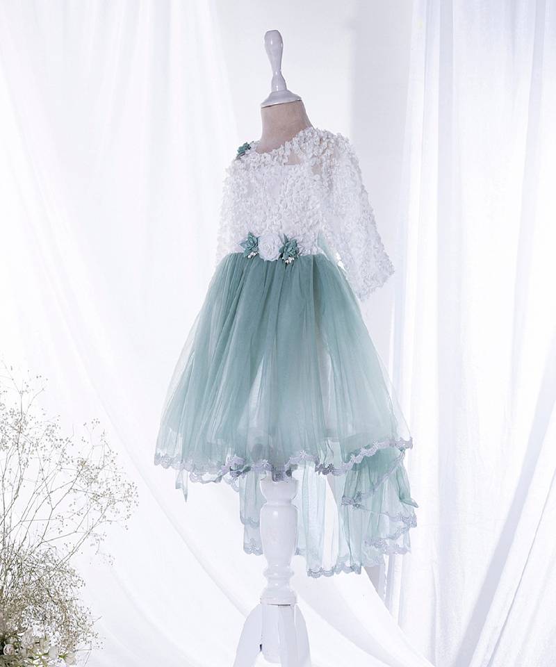 Mini stitch green solid net corsage applique bottom lace detailed frock