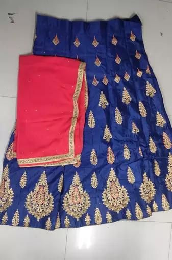 Blue Embroidery Satin Silk Party Wear Ethnic Lehengas