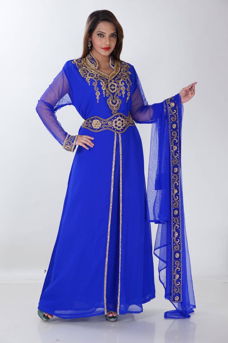 blue  kaftan women dress long gown farasha morocco jalabiya wear