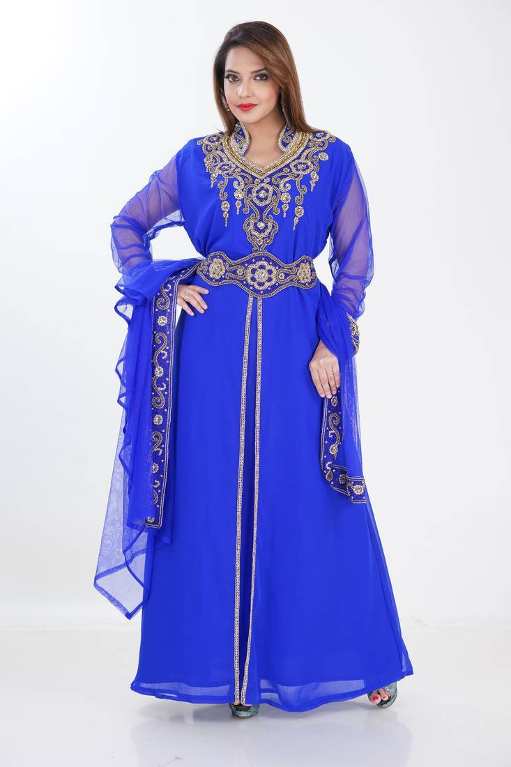 blue  kaftan women dress long gown farasha morocco jalabiya wear