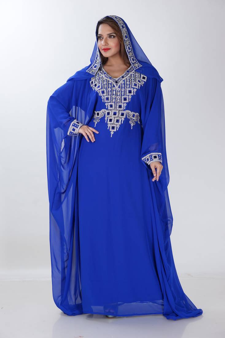 blue  kaftan women dress long gown farasha morocco jalabiya maxi wear