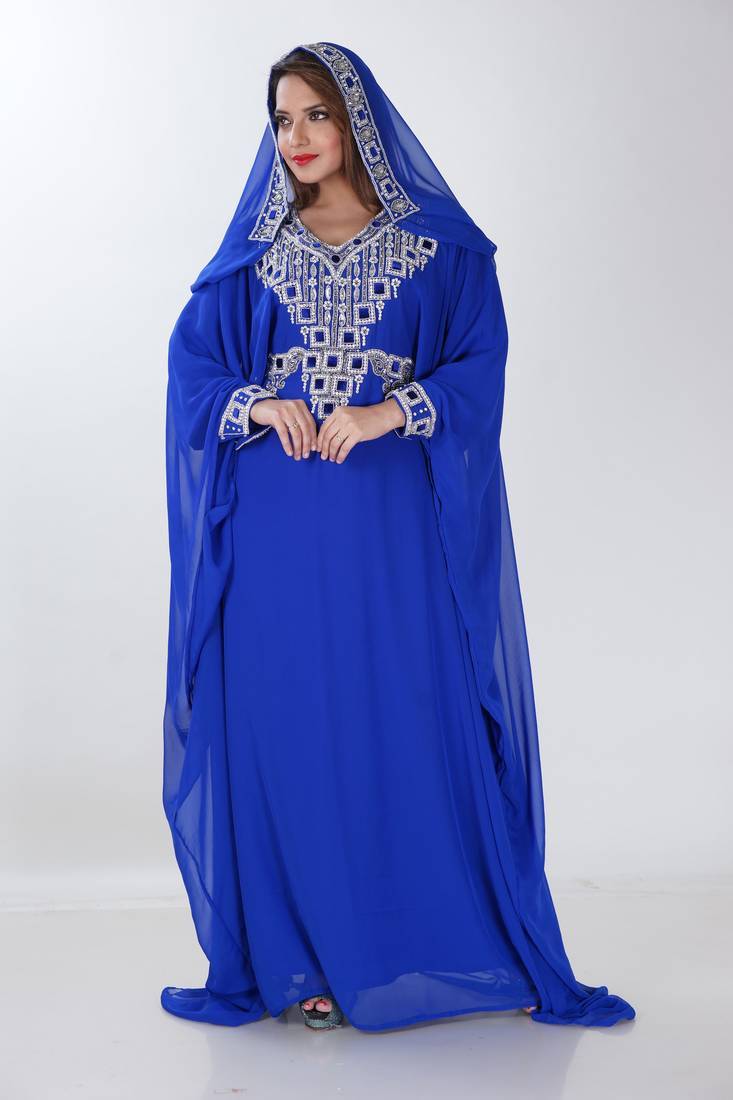 blue  kaftan women dress long gown farasha morocco jalabiya maxi wear