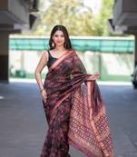 maroon ajrakh maheshwari silk blend saree