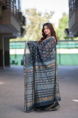 blue ajrakh maheshwari silk blend saree 2