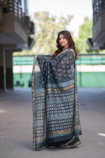 blue ajrakh maheshwari silk blend saree