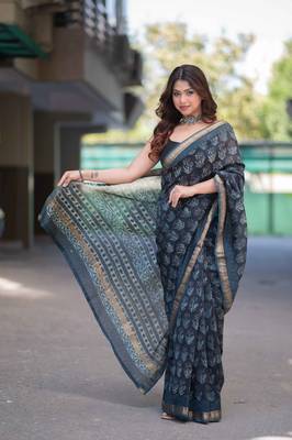 blue ajrakh maheshwari silk blend saree 3