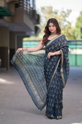blue ajrakh maheshwari silk blend saree