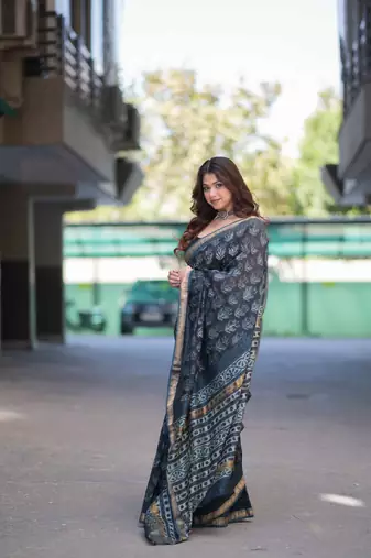 blue ajrakh maheshwari silk blend saree