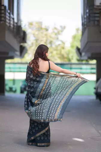 blue ajrakh maheshwari silk blend saree