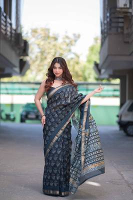 blue ajrakh maheshwari silk blend saree 1