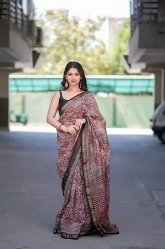 red bagru maheshwari silk blend saree