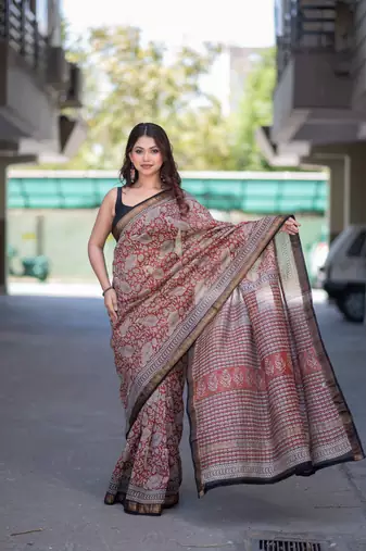 red bagru maheshwari silk blend saree