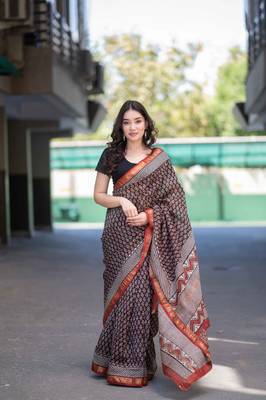 black bagru maheshwari silk blend saree 1