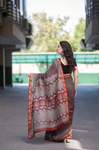 black bagru maheshwari silk blend saree