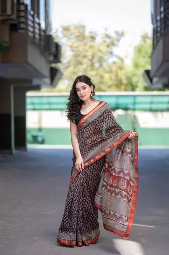 black bagru maheshwari silk blend saree