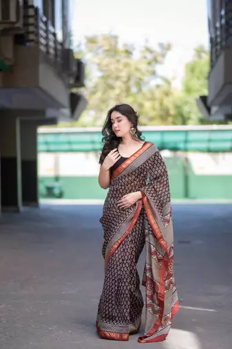 black bagru maheshwari silk blend saree