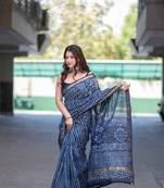 indigo dabu maheshwari silk blend saree
