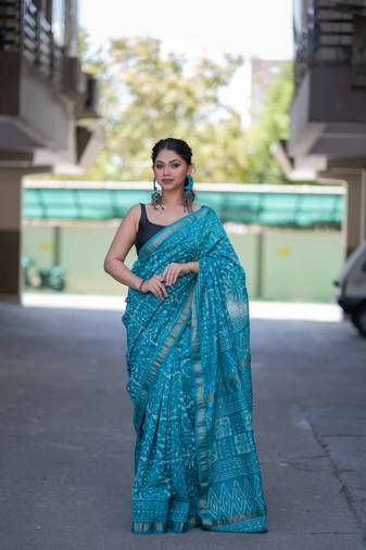 turquoise dabu maheshwari silk blend saree