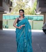turquoise dabu maheshwari silk blend saree