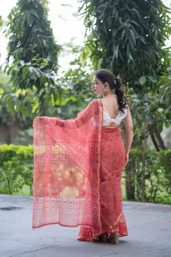 orange dabu kota doria saree