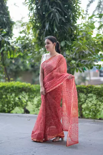 orange dabu kota doria saree
