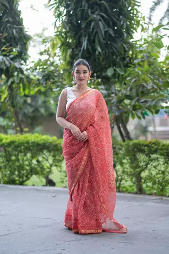 orange dabu kota doria saree