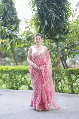 pink dabu kota doria saree