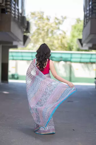 white block printed saree