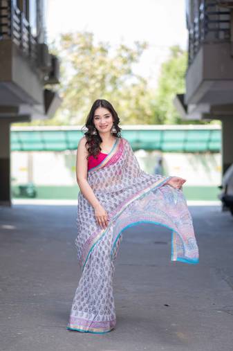 white block printed saree