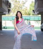 white block printed saree
