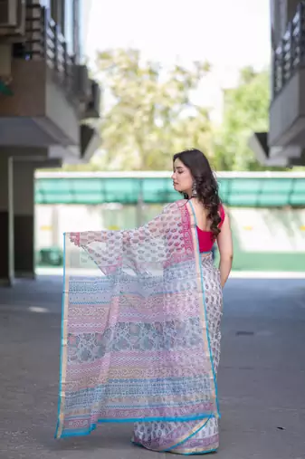 white block printed saree