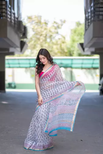 white block printed saree