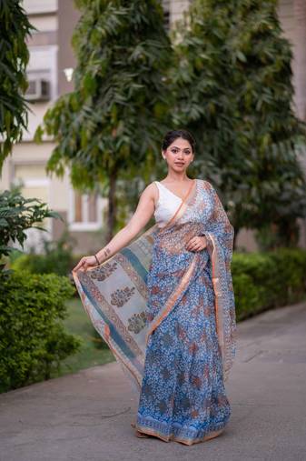 blue block printed saree